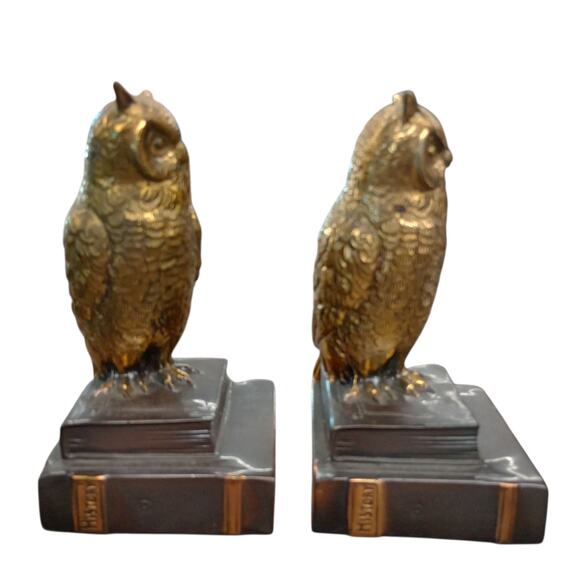 Two Brass Owl Bookends MCM 1950's Philadelphia MFG VTG Cast Figurine Sculpture - Picture 2 of 5